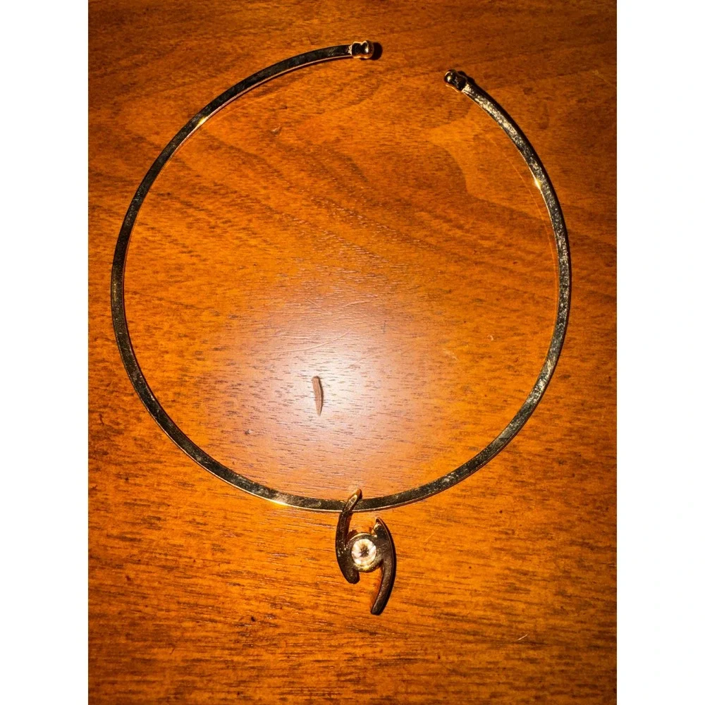Gold Tone Torque Collar Choker Necklace with Swirl Crystal Slider‎ Pendant